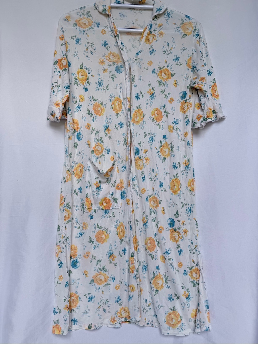 VINTAGE Floral Button-Front Housecoat Robe - Yellow Blue Roses Duster - Picture 2 of 6
